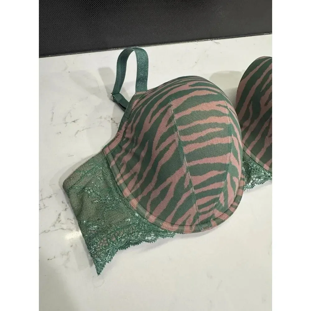THRIDLOVE zebra print lace Demi green tan bra 42C Glitter